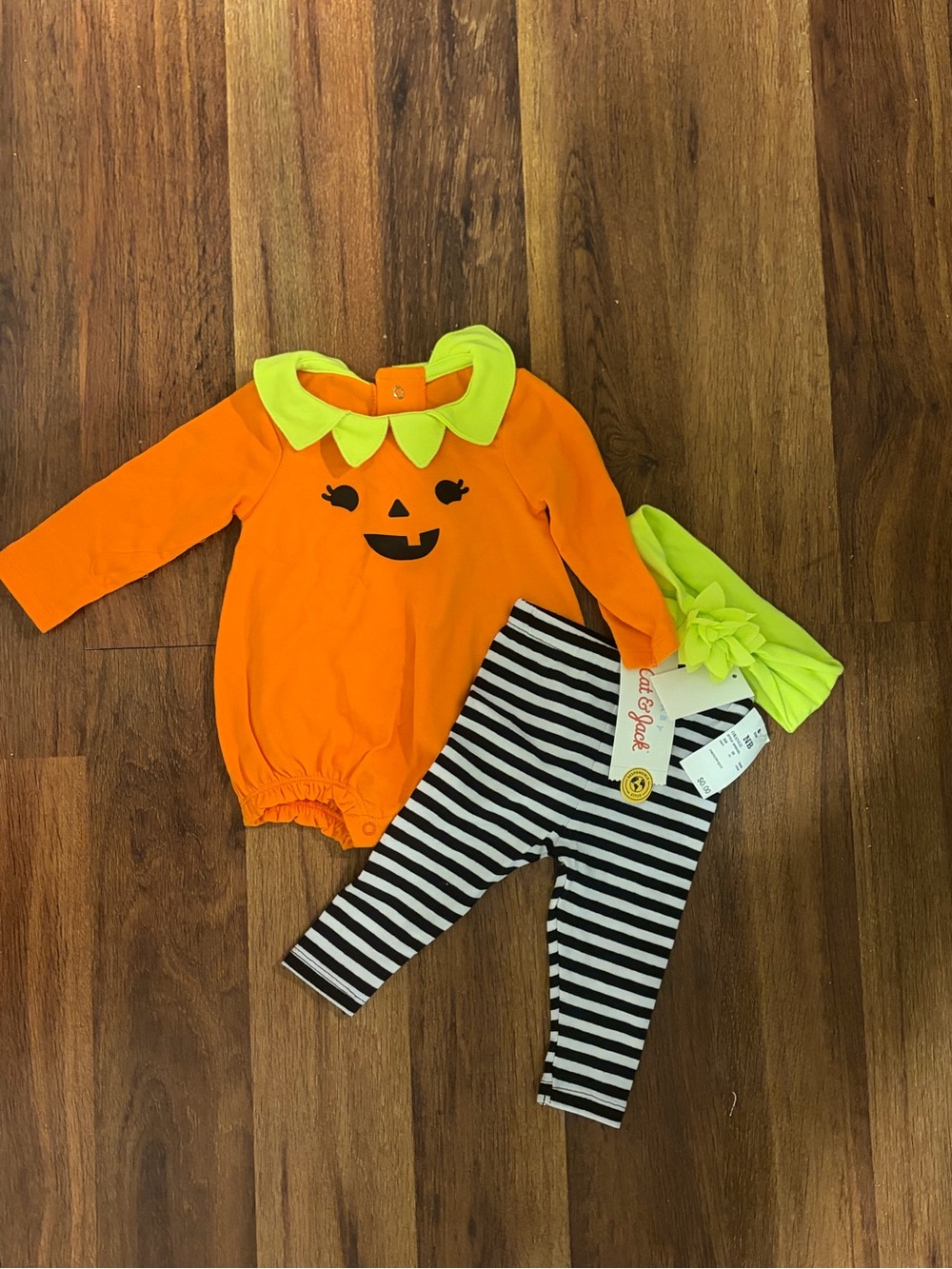 Cat & Jack Orange Pumpkin Romper Set with Neon Green Collar & Headband